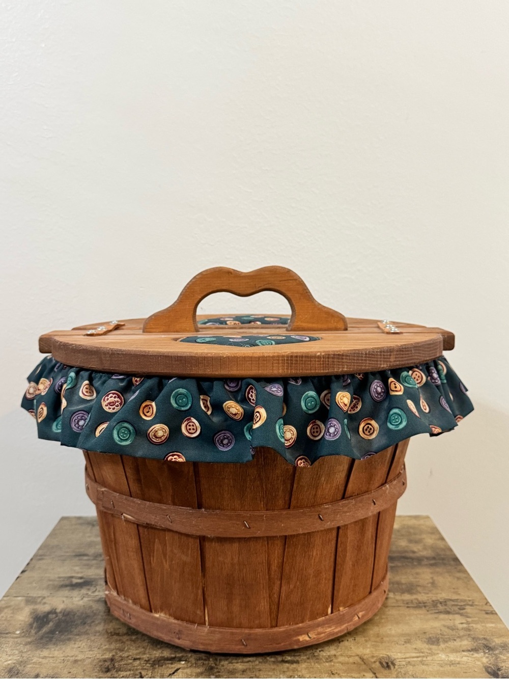 Vintage Wooden Sewing Basket with Button Print Fabric & Heart Cutouts - Picture 2 of 14